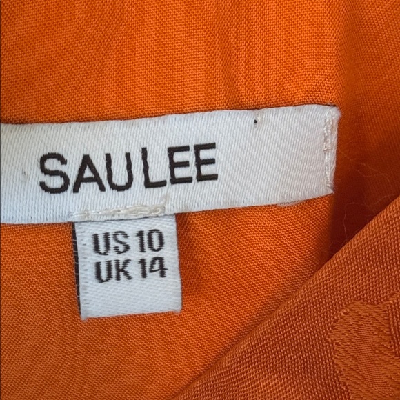 SAU LEE Francesca Midi Maxi Spaghetti Strap Gown Orange Jacquard Leaves Print 10 - Picture 6 of 7